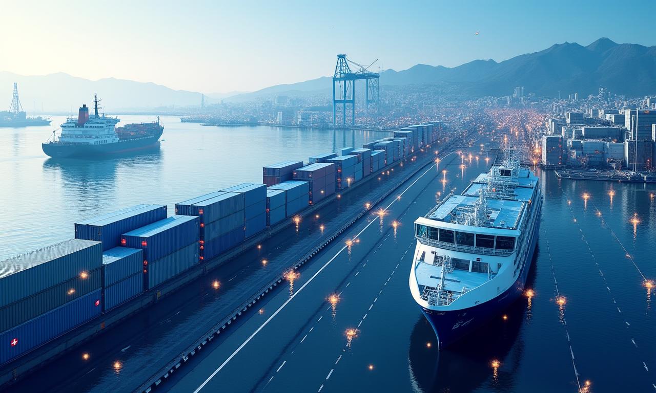 Globales Logistiknetzwerk mit sich kreuzenden Transportwegen und Containern