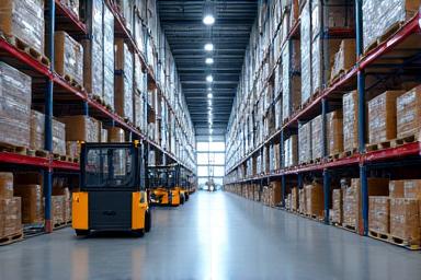 Hochmodernes Lager mit Gabelstaplern und Regalen voller Güter